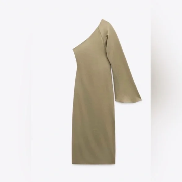 Zara Khaki Asymmetric Linen Blend Midi Dress - Picture 2 of 7